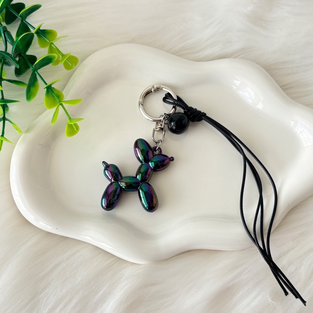 Iridescent Balloon Dog Keychain/ Bag Charm with Rope Metallic Oil Slick Finish